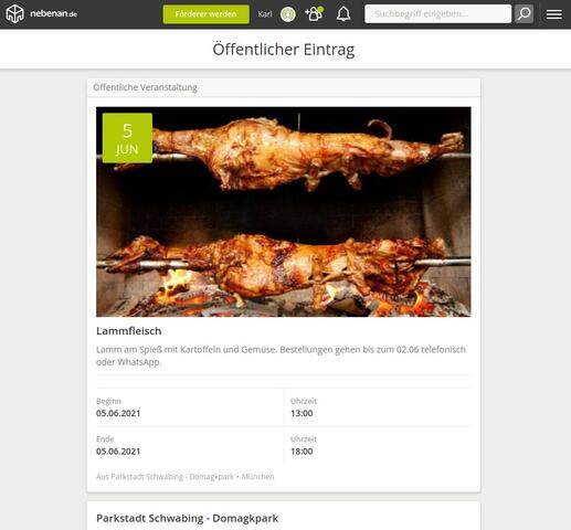 Screenshot Veranstaltungshinweis ‘Lammfleisch’ auf nebenan.de
